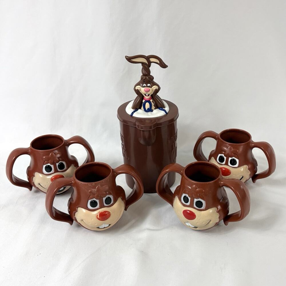 Vtg Nestle Quik Bunny Rabbit Chocolate Milk Mixer Pitcher & 2 Handled Cup Set